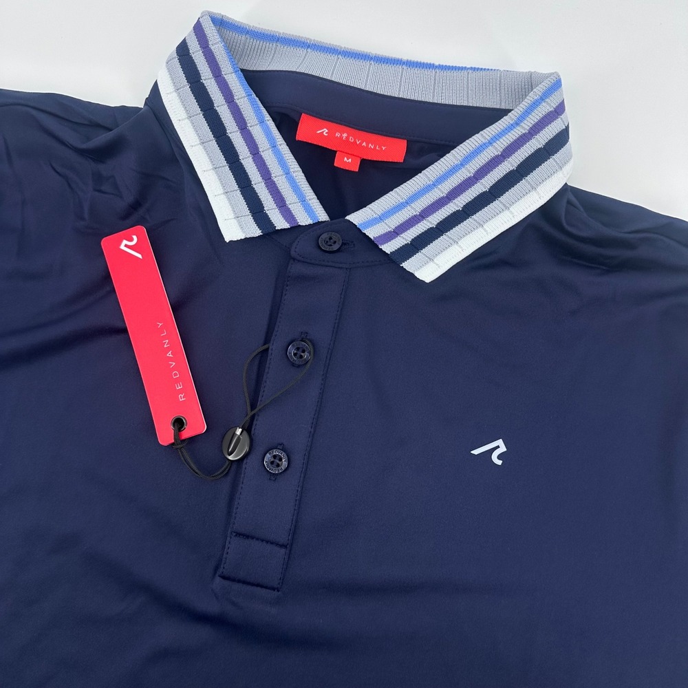 Redvanly Mael Polo Shirt Mens Medium Midnight Navy Striped Collar R2505-MAEL